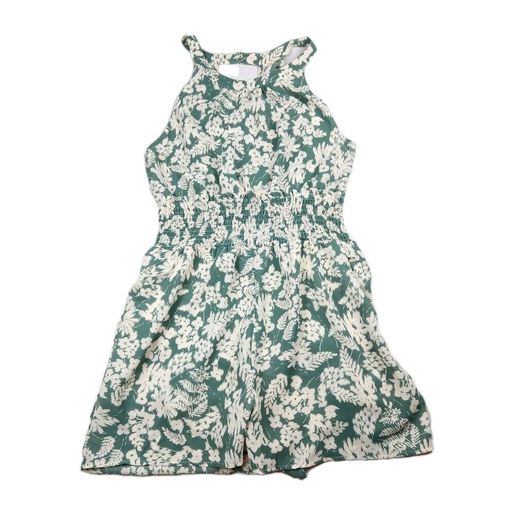 Three Bird Nest Tropical Leaf Romper Halter Neck Womens L Elastic Pockets Green